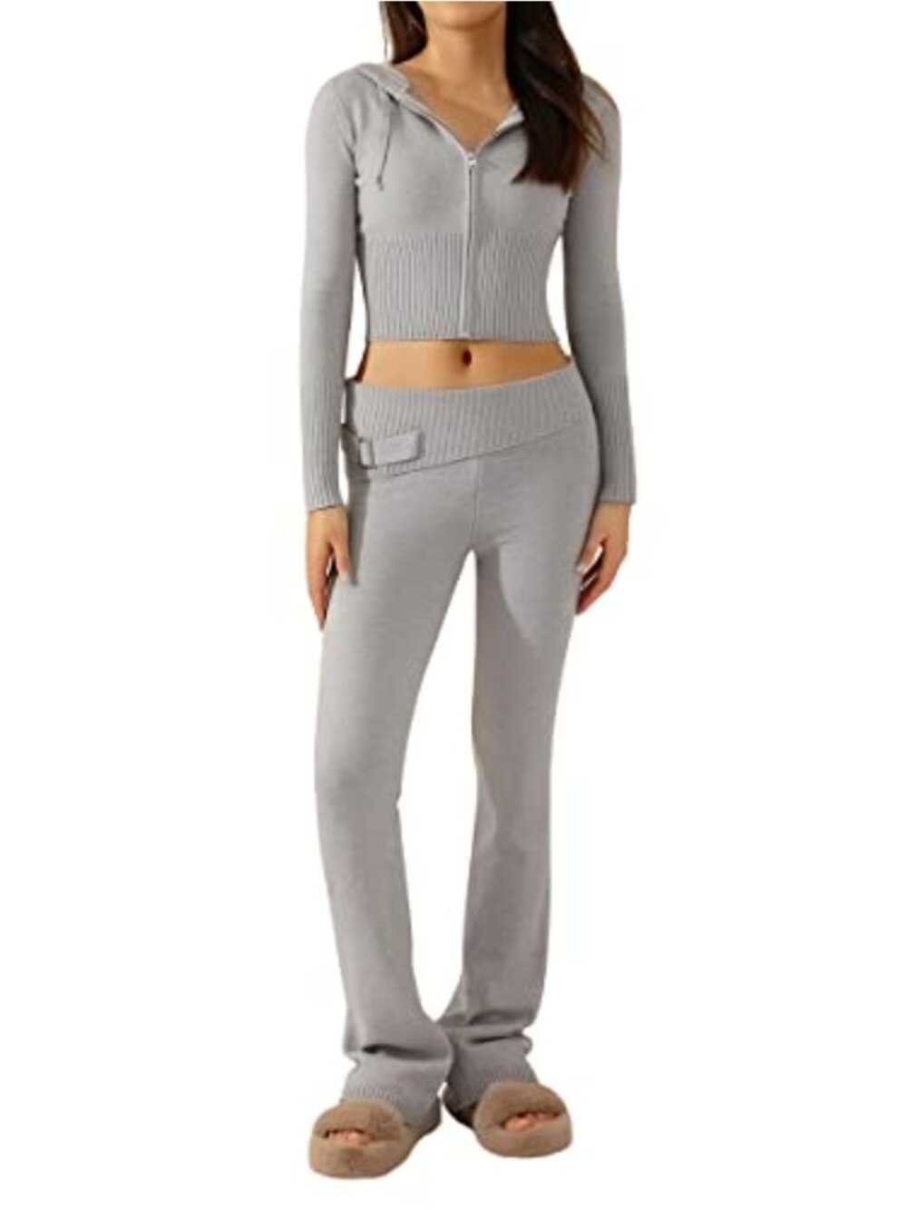 Ribbed Knit Tracksuit Set Long Sleeve Hoodie Leggings